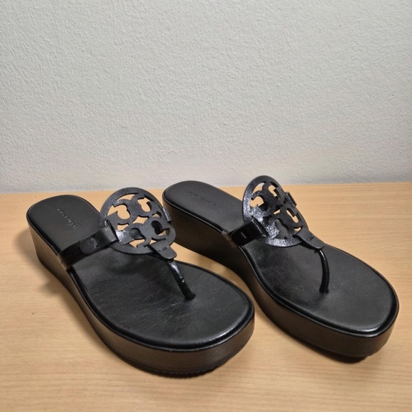 Tory Burch Miller Wedge Leather Sandals Black Excellent Condition US 9.5 - Picture 2 of 8
